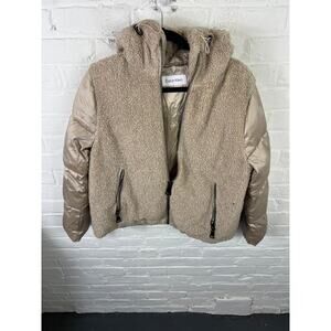 Calvin Klein Women's Sherpa Mixed Media Hooded Puffer Jacket Gold Size Medium